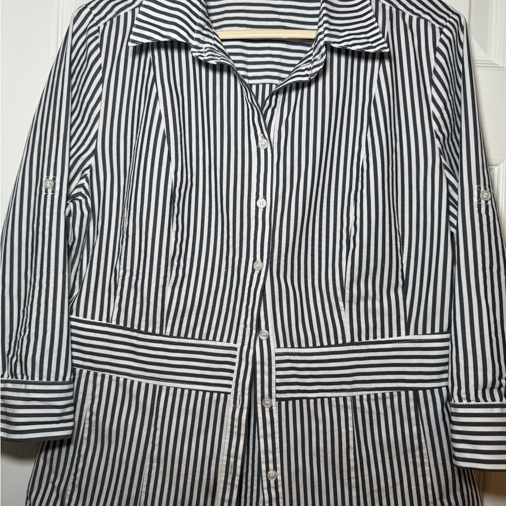New York & Company Navy and White Striped Blouse